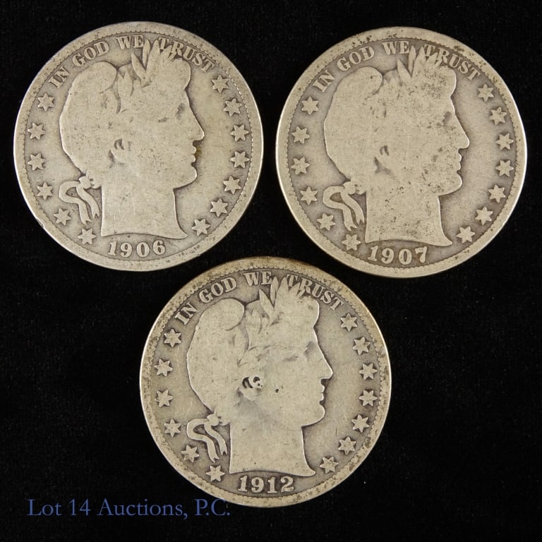 1906, 1907d & 1912s US Silver Barber 50c (3): Three (3) United States silver Barber half dollars. Per consigner, with full rims in good condition. Metal 90% silver (lot's ASW +1.0 Ozt.). Dates and PCGS survival estimates (SE) as follows: ---1906