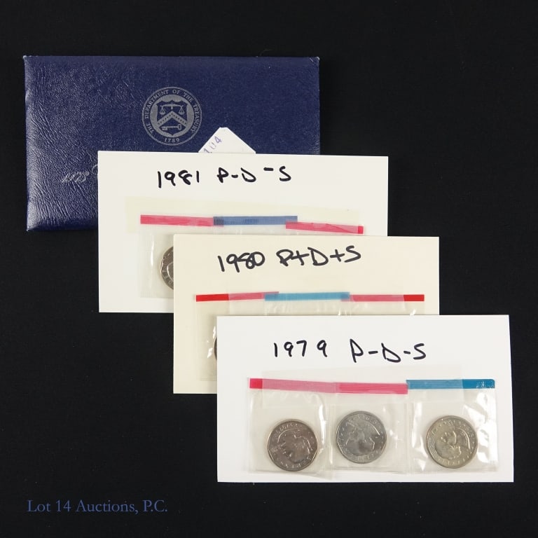 1979 - 1981 US Susan B. Anthony $1 (BU), 9: Nine (9) United States clad Susan B. Anthony dollars (Philadelphia, Denver, San Francisco Mints) in blue mint set and red proof set blister packs OGP as follows: ---1979-P SBA $1; ---1979-D SBA $1;
