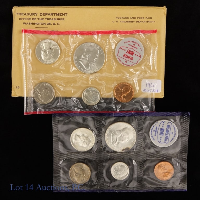 1961 P,D US 90%-Silver Unc. 10-Coin Mint Set: 1961 P, D United States 90%-silver uncirculated 10-coin mint set (Philadelphia, Denver Mints) in original blister packs and govt packaging (five coins from each mint. Per consigner, in CH to Gem BU co