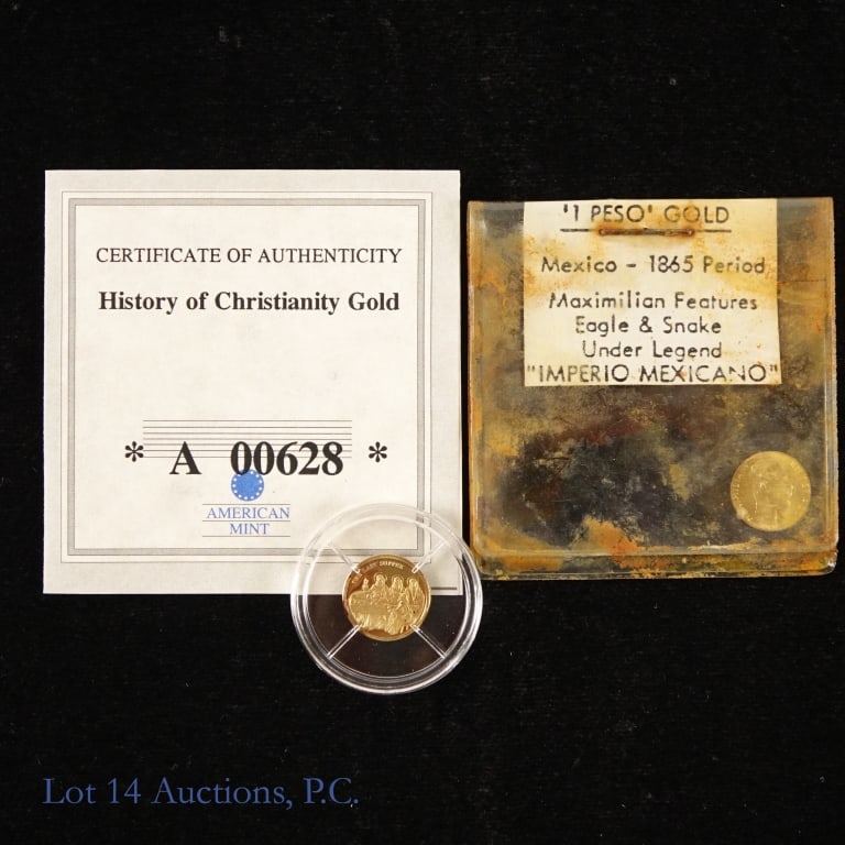 World "Gold" Exonumia Items (2): Two (2) "gold" world exonumia items as follows: ---fantasy "1865" Mexico 1 pesos gold coin (NOT a 1 peso coin because it does not match the Mexican monetary standard in weight, design and diameter and