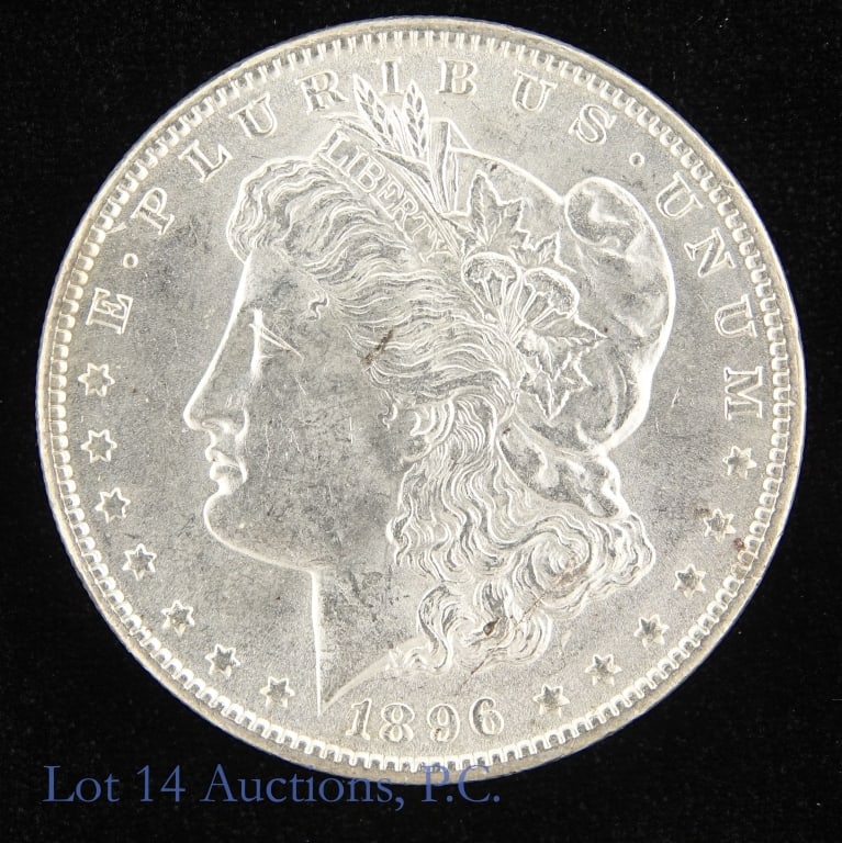 1896 (P) US Silver Morgan Dollar (Good Luster): 1896 (P) United States silver Morgan dollar (Philadelphia Mint). Per consigner, with good luster in BU condition. Metal is 90% silver (ASW 0.7734 ozt.) Mintage 9,976,000. Silver content confirmed on