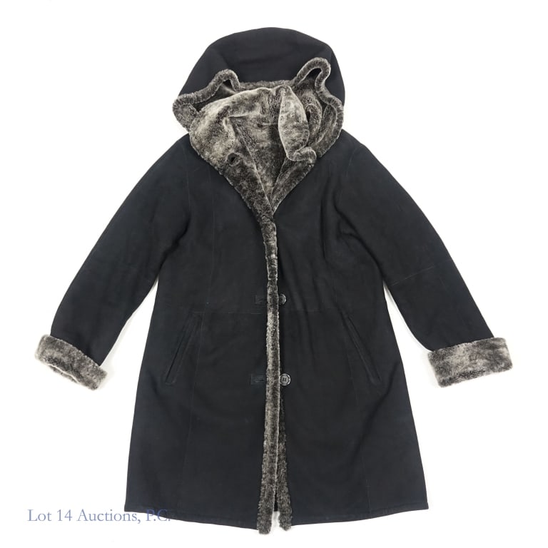 Jean Guise Tanatar A.S. Lambskin Fur Women's Coat: Jean Guise Tanatar A.S. black suede and gray fur women's coat with removable hood. 100% lambskin. Size 4. No stains, tears or rips observed. Very good condition. See photos for details.
