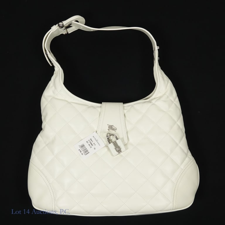New Burberry Brook White Leather Hobo Bag: Brand new Burberry Brook hobo bag. White quilted leather with chrome hardware and padlock closure. Approximately 15" wide at the widest and 10" tall in the middle. See photos for details.