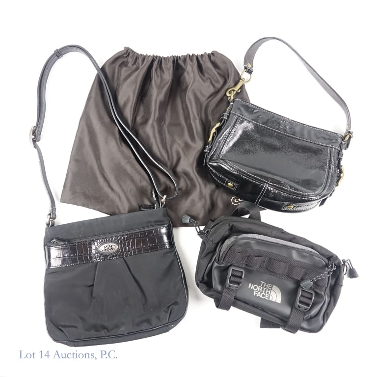Coach Hobo, North Face Waist Pack, Brighton Purse: Coach Zoe black patent leather hobo bag with antiqued brass hardware. Approximately 9" x 7.5" *** The North Face Base Camp black waist pack. Approximately 9" x 5" *** Brighton black crossbody bag