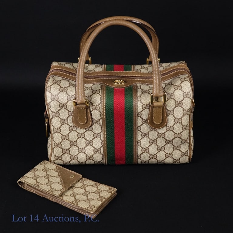 Vintage Gucci Ophidia GG Boston Bag, Glasses Case: Vintage Gucci Ophidia Sherry Line Boston bag. Beige GG Supreme monogram coated canvas with brown leather trim and gold tone hardware. Original shoulder strap included. Approximately 11" X 7" X 5.25". 