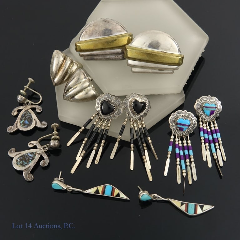 Sterling Silver Earrings w/ Turquoise & Coral, 6Pr: 6 pairs of sterling silver earrings. Total weight is approximately 49.52g or 1.59 troy oz. See photos for details.