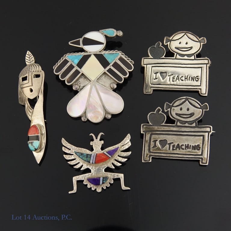 Sterling Silver Pins, Turquoise, Coral (5): 5 sterling silver pins. Three have inlaid stones such as turquoise, onyx, or coral. All are marked as Sterling or 925 except one, which is hand-signed "XZR" and passed an acid test. Total weight of