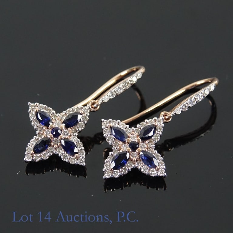 14k Rose Gold Sapphire and Diamond Drop Earrings: Pair of earrings made with 14k rose gold, decorated with five sapphires and 38 diamonds EACH (0.85 cttw sapphires, 0.82 cttw diamonds). Total weight of both earrings is approximately 3.36g. Identifica