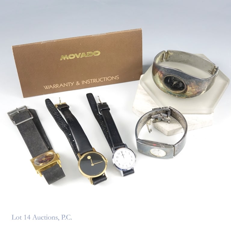 Women's Watches Sterling Ecclissi Movado More (5): Five (5) women's watches - Sterling Silver Ecclissi cuff watch approximately 59.5g - 1.9 ozt total weight, Vintage gold plated Movado museum on leather strap with manual, Lorus on leather strap, Sovie