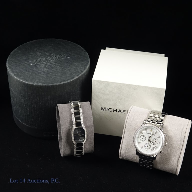 Michael Kors & Citizen Women's Watches CIB: Michael Kors ladies' watch, never worn, original box and manuals, 36.5mm diameter, working battery *** Citizen women's watch, black and silver, in original box with manuals, 18.5mm wide, working