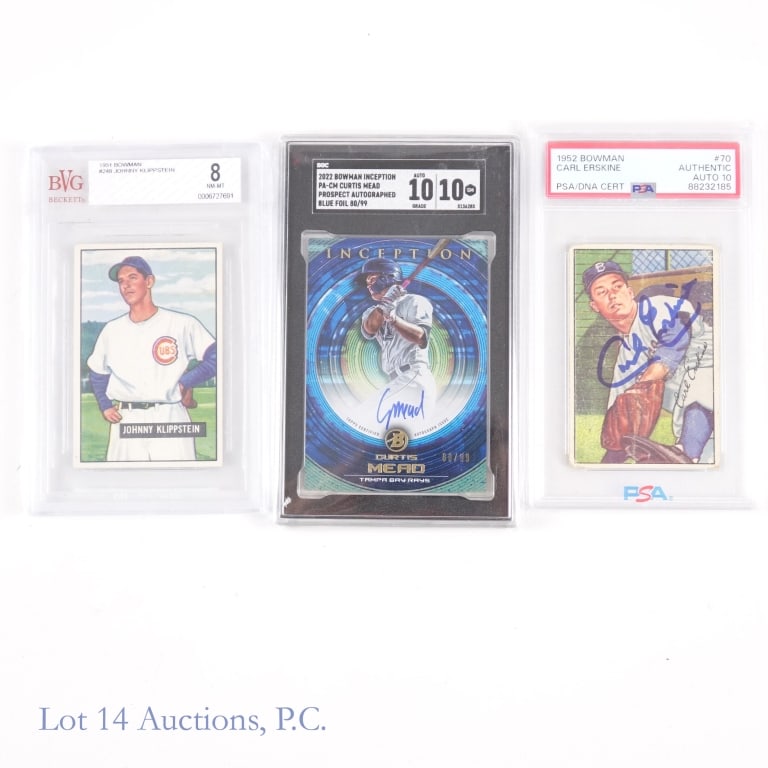 3 Graded Baseball Cards: 2022 Bowman Inception PA-CM Curtis Mead Prospect Autographed Blue Foil cards 80/99 graded 10/10 by SGC *** 1951 Bowman #248 Johnny Klippstein card graded 8 NM-MT by Beckett *** 1952 Bowman #70 signed 
