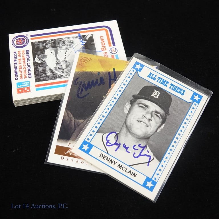 Autographed Detroit Tigers Trading Cards: *** Per consigner, all of these cards were signed in the presence. *** Partial set (25 / 28 cards) of the SGA 1988 Domino's Pizza "Salutes the 1968 World Champion Detroit Tigers" trading cards. The