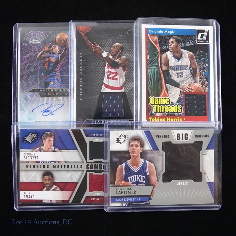 Assorted Signed & Relic Basketball Cards (5): Assorted colelction of signed and relic type basketball cards. This group contains Nate Robinson signed 2026 Topps Chromographs card CH-HR *** 2011 Panini Black Box Clyde Drexler game used patch 86/99
