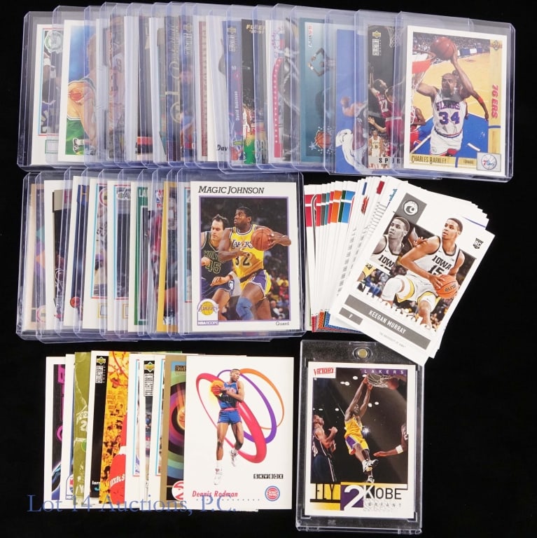 57 Basketball Cards With Kobe & Jordan: Collection of 57 basketball cards covering a span of years from the 1990's up tp the more recent 2020's. This collection includes many HOF members as well as one Kobe Bryant card and two Michael