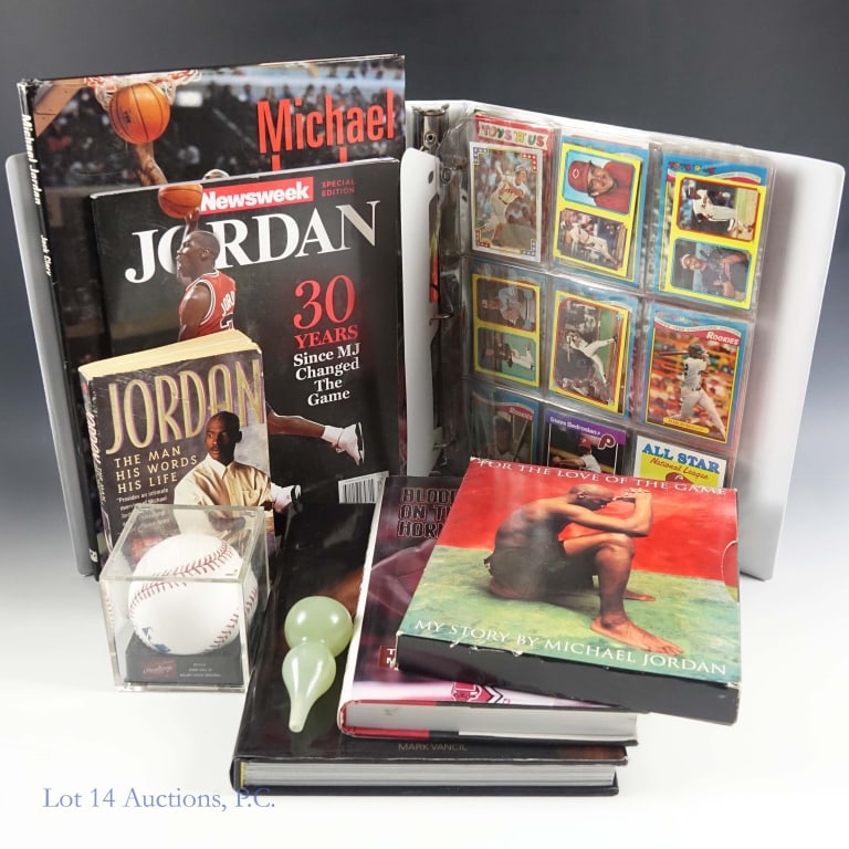 Michael Jordan Books & Baseball Cards: Interesting collection of Michael Jordan books plus a signed baseball and some baseball cards from the late 1980's. You will find an OML (Selig) baseball signed on a side panel with a blue fiber tip