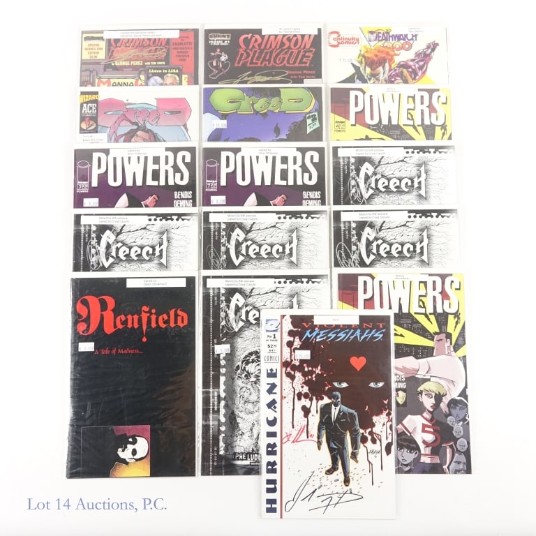 Signed Comics, Bendis, Perez, Adams etc. (15): Signed Comics, Bendis, Perez, Adams etc, Key (15). Collection of 15 comic books that are mainly signed. Items include: Valeria She-Bat Bonus Book signed by Neal Adams w/ COA; Creed #1 (Wizard Ace