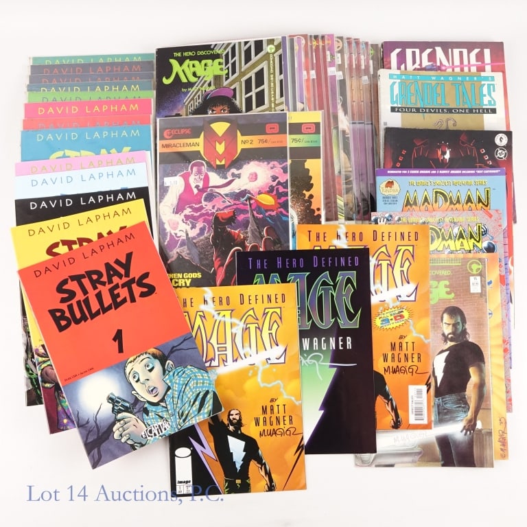 Mage, S. Bullets, Signed M. Wagner Comics (+30): Mage, S. Bullets, Signed M. Wagner Comics (+30). Collection of over 30 comic books including Matt Wagner signed books and Key Issues. Key include: Mage, The Hero Discovered #6 - First Gendel in