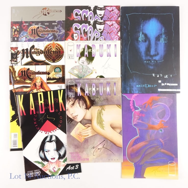 Signed Kabuki Hardcover and Comics (10): Signed Kabuki Hardcover and Comics (10). Collection of 10 comic books including a signed (David Mack) and numbered hardcover Kabuki - Skin Deep (89/500). Other items include signed issues of Kabuki