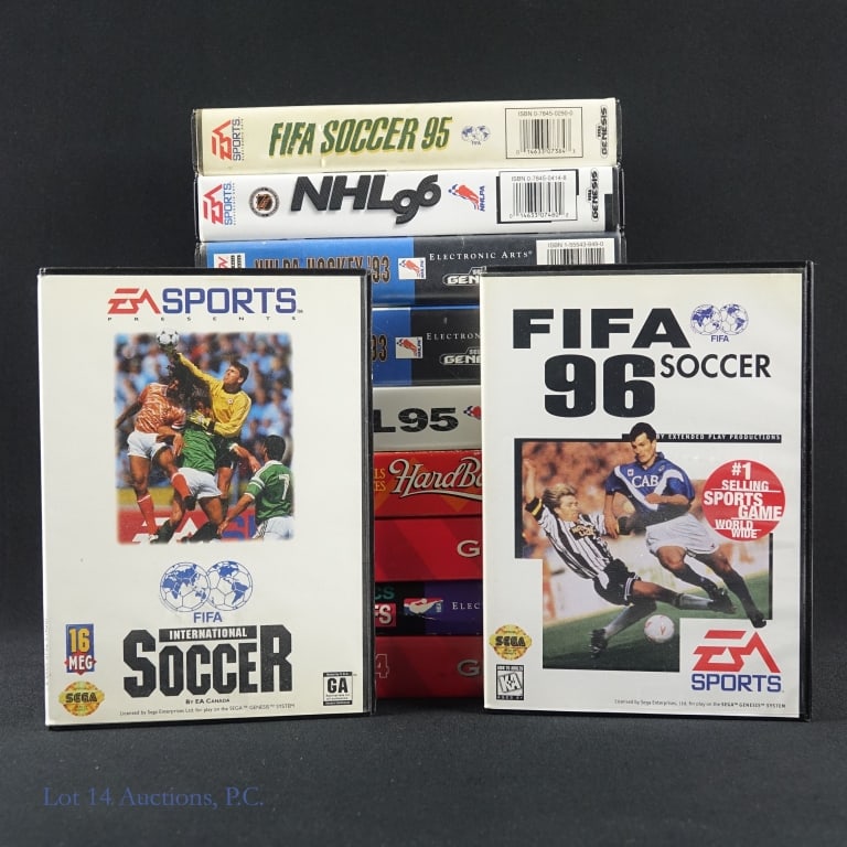 Sega Genesis Sports Games Complete In Boxes (11): Eleven (11) Sega Genesis sports games complete in original boxes - NHL 95 (no manual), NHLPA '93 (2 copies), NHL 96, FIFA Soccer 95 (no manual), FIFA Soccer 96, FIFA International Soccer, NBA Action 9