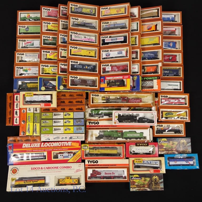 HO Scale Locomotives & Cars Huge Lot In Boxes: HO scale model trains - eleven (11) locomotives and sixty seven (67) cars. All in original boxes. Tyco, AHM, Athearn, Bachmann, Life - Like, Train - Miniature, and Mantua. See photos for details and