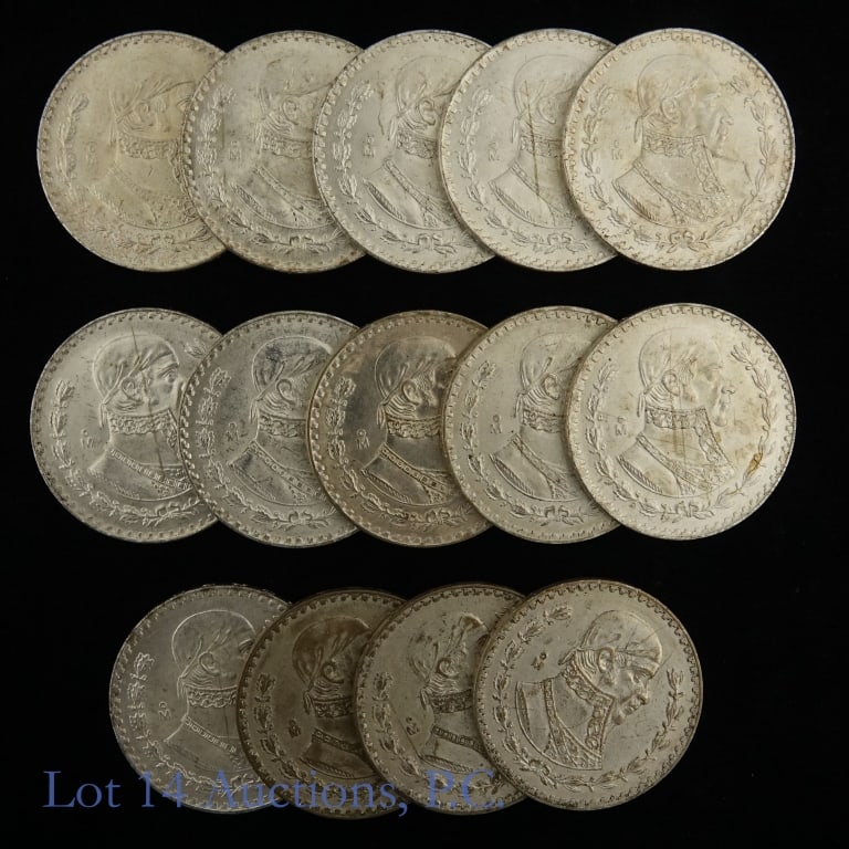 1958 - 1966 Mexico 10%-Silver Peso Coins (14): Fourteen (14) Mexico silver one peso coins (Mexican Mint). Metal is 10%-silver, weight: 16.00 grams (ASW is 0.0514 ozt.) each coin. Estimated total actual silver weight is 0.72 troy ounces. Dates: ---