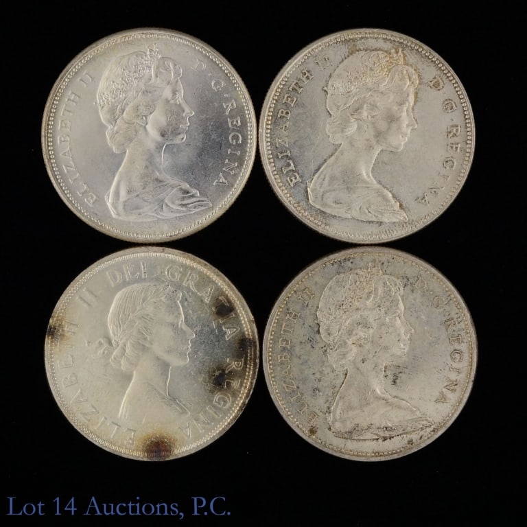 1964-1967 Canada 80%-Silver $1 (ASW 2.4 Ozt), 4: Four (4) Canada silver dollar coins (Royal Canadian Mint). Metal is 80% silver with actual silver weight of 0.6 troy ounces each coin (lot estimated ASW 2.4 ozt.). Dates as follows: ---1964; ---1965; 