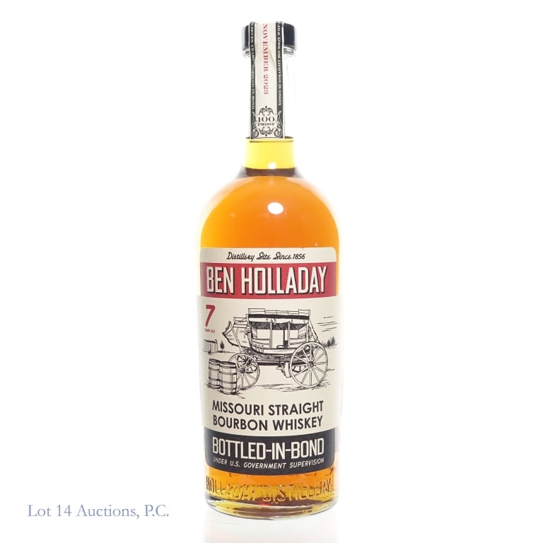 Ben Holladay Bottled-in-Bond Bourbon: Ben Holladay Bottled-in-Bond Missouri Straight Bourbon Whiskey aged 7 years, distilled fall 2016, bottled Nov 16 2023. 100 proof, 750ml.