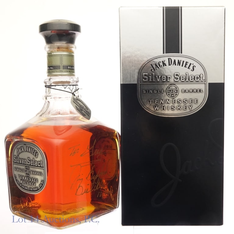 Jack Daniel's Silver Select Signed Whiskey (1999): Jack Daniel's Silver Select Single Barrel Tennessee Whiskey, 100 Proof, 750 ml. Release date: 1-25-99, Rick No. L-02, Barrel No. 9-0203. Signed in 2002 by Master Distiller #6 Jimmy Bedford. See photos