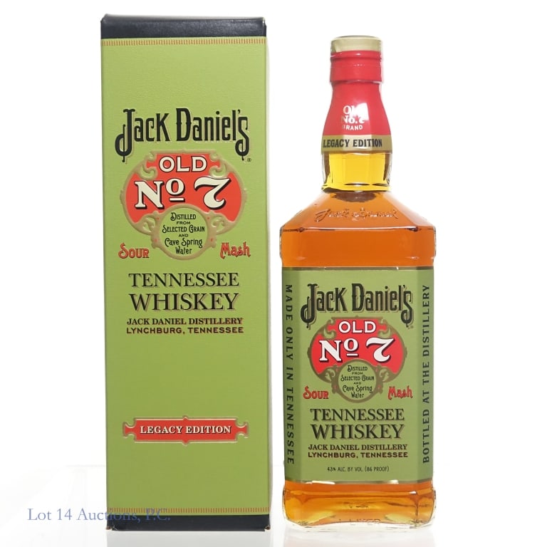 Jack Daniel's Legacy Edition 1 Tennessee Whiskey: Jack Daniel's Legacy Edition 1 Tennessee Whiskey, 86 Proof, 1 Liter, Bottle #399565, slight peeling on side label and some small nicks along the edges. Box included.
