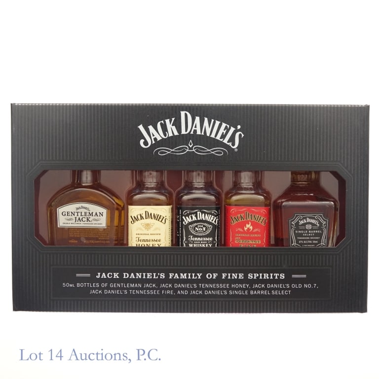 Jack Daniel's Family of Fine Spirits Gift Set (5): 1-Gentleman Jack Double Mellowed Tennessee Whiskey Mini, 80 Proof, 50 ml. 2-Jack Daniel's Tennessee Honey Liqueur Mini, 70 Proof, 50 ml. 3-Jack Daniel's Tennessee Whiskey Mini, 80 Proof, 50 ml.