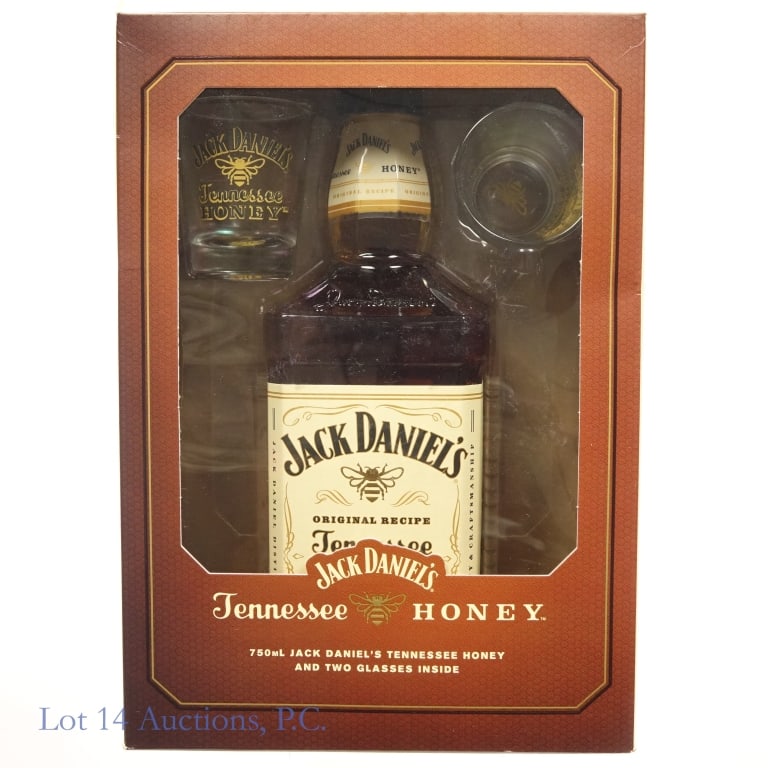 Jack Daniel's Tennessee Honey Gift Set: Jack Daniel's Tennessee Honey Liqueur, 70 Proof, 750 ml. Gift set includes two Tennessee Honey shot glasses. Box included to house full set.