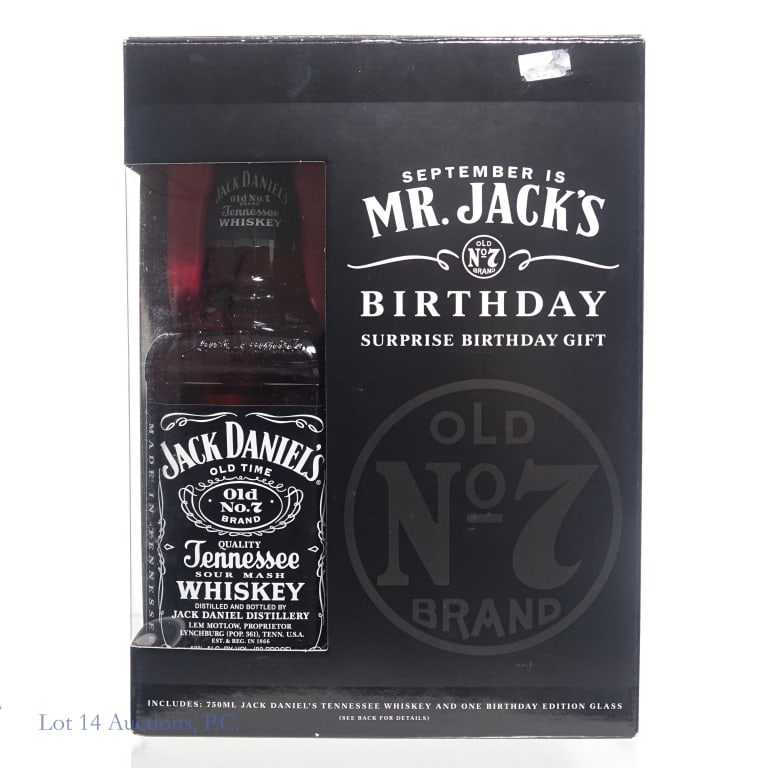 Jack Daniel's Mr. Jack's B-Day Surprise Gift Set: Jack Daniel's Tennessee Whiskey, 80 Proof, 750 ml. Includes a "surprise birthday gift", which can be one of three different designs of a pint glass. See photos for details.
