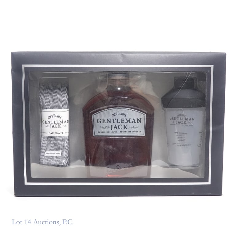 Jack Daniel's Gentleman Jack Whiskey Gift Set: Jack Daniel's Gentleman Jack Whiskey Gift Set including a 1.75L bottle of Gentleman Jack double mellowed Tennessee whiskey (80 proof), a branded bar towel, and a branded silicone and glass cocktail