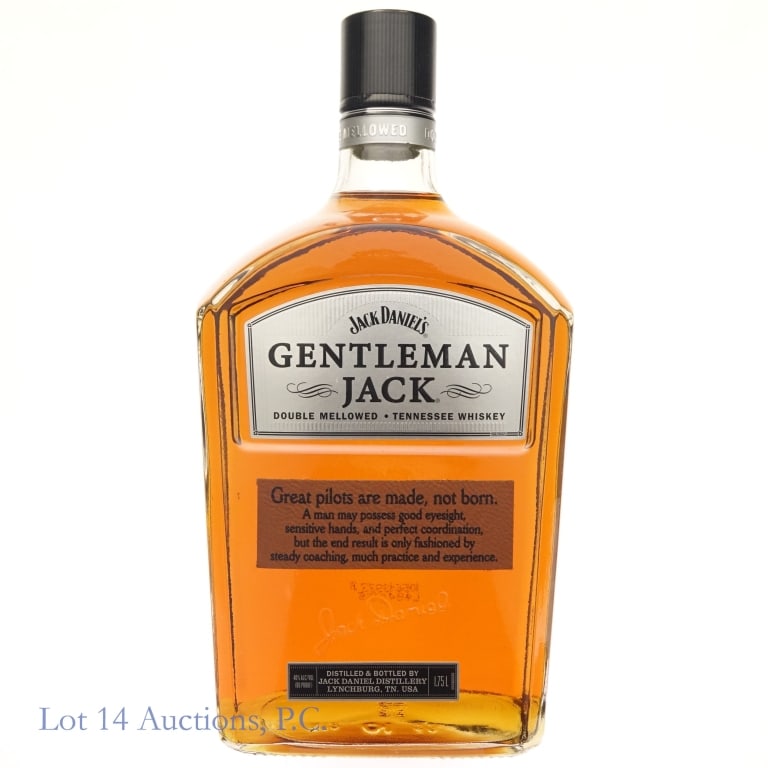 Gentleman Jack Rare Tenn. Whiskey (1.75L): Gentleman Jack Rare Tennessee Whiskey Gift Set, 80 Proof, 1.75 Liters. Bottle has leather sticker on the front.