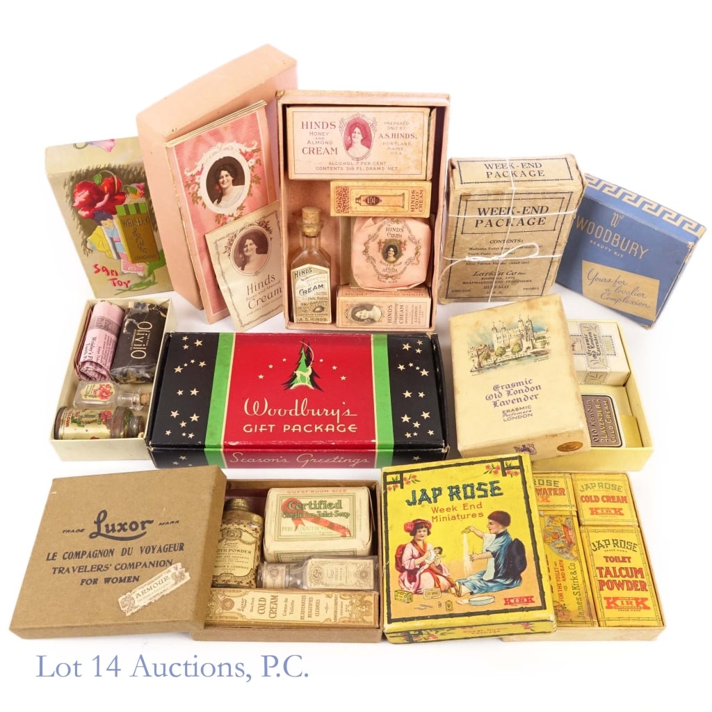 1920s Weekend Care Packages (8): Eight unused weekend care packages from various manufacturers circa the 1920s. 1- Larkin Co. Inc. Week-end Package, including: Larkin Witch Hazel Vanishing Cream, Modjeska Toilet Soap, Larkin Toothpas