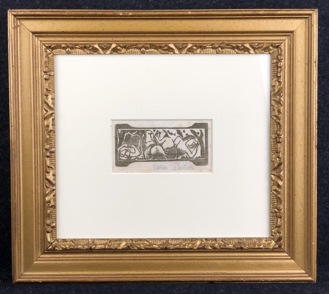 Max Weber, woodcut, pencil signed: Max Weber (German/American, 1881-1961) title unknown Ca. 1955 woodcut Image Size: 2.0in X 4.2in Signed in pencil Foxed, framed in refurbished frame. Shipping: $30 to US address