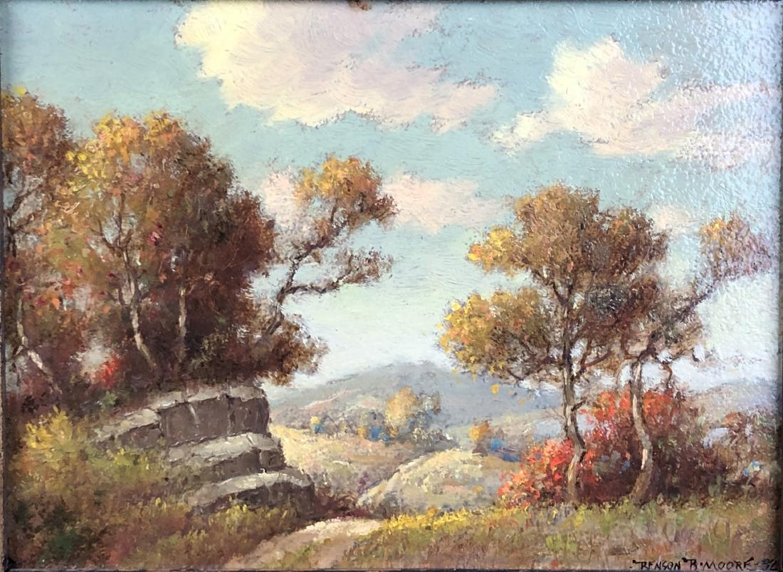 Benson Bond Moore, oil/artist board, 1937, Luray VA: Benson Bond Moore (American, 1872-1974 ) October Day at Luray, VA 1932 Oil on artist board Image Size: 6 in X 8 Signed and dated at lower right, titled and dated on verso, executed on artistâ€™s