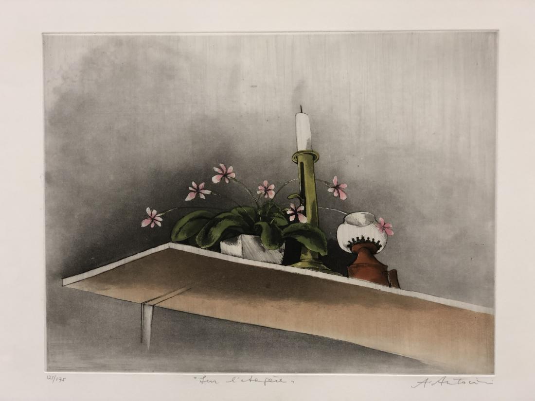 Annapia Antonini original pencil signed etching, 1989: Artist: (American, 1942-living) Title: Sur l'Etapece Year: 1989 Medium: color aquatint etching Plate Size: 11.7in X 15.5in Sheet Size: 19.8in X 23.7in Signed in pencil and annotated "121/175", printed