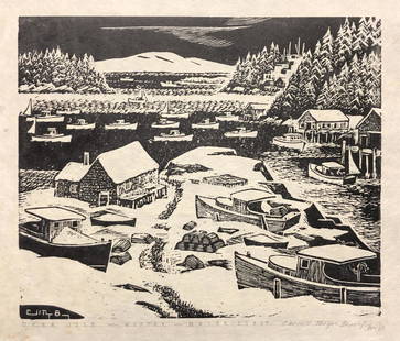 Carroll Thayer Berry original pencil signed woodcut,: Artist: Carroll Thayer Berry (American, 1886-1978) Title: Deer Isle - Winter - Maine Coast Year: 1960 Medium: woodcut Image size: 10.0in X 12.0in Catalog reference: Dearborn 126 Signed in pencil