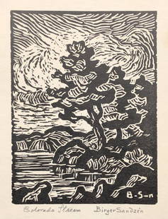 Birger Sandzen original pencil signed linocut, 1952: Artist: Birger Sandzen(Swedish/American, 1871-1954) Title: Colorado stream Year: 1952 Medium: linoleum cut Image size: 6.0in X 4.5in Sheet size: 8in X 6in Signed in pencil and annotated with title