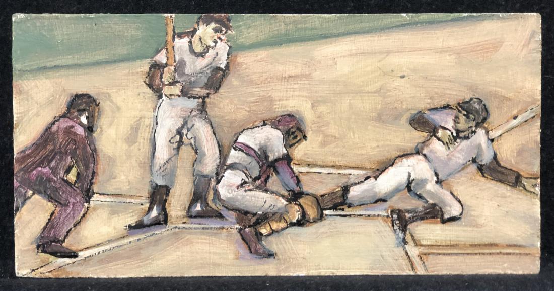 Arthur Smith oil on masonite, baseball theme, ca. 1940: Artist: Arthur Smith (American, 1889?-1972) Title: unknown (Safe) Year: ca.1940 Medium: oil on masonite Image size: 6in X 1in Unsigned, small baseball theme painting, executed on tempered masonite. Un