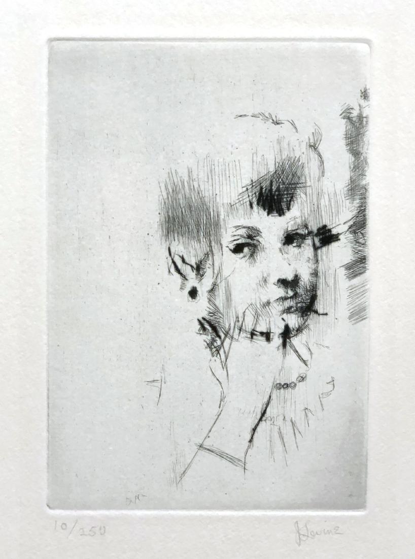 Jack Levine original pencil signed etching, 1964: Artist: Jack Levine (American, 1915-2010) Title: Meditation Year: 1964t Medium: drypoint Plate size: 7.0in X in 4.8 Sheet size: 11in X 8in Catalog references: Prescott 24 Signed in pencil and a