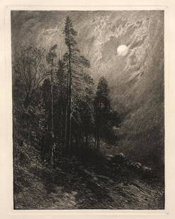 James David Smillie original etching, 1878: Artist: James David Smillie (American, 1833-1909) Title: Cedars in the Moonlight Year: 1878 Medium: etching Plate size: 8.3in X 6.3in Sheet size: 12.6in X 9.4in Unsigned, printed on felt-finish,