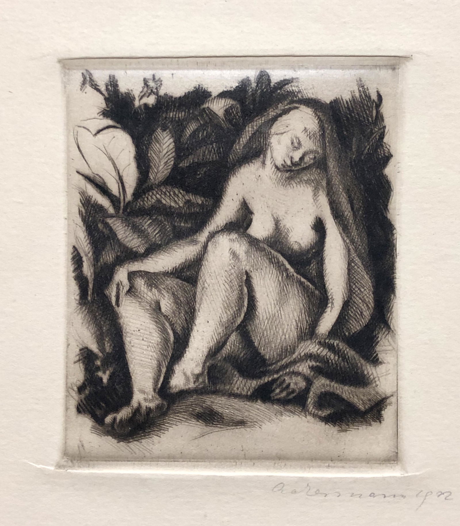 Artist: Max Ackermann (German, 1887-1975) Title:: Artist: Max Ackermann (German, 1887-1975) Title: Draped Seated Nude Year: 1922 Medium: drypoint Plate Size: 4.7in X 3.9in Sheet Size: 11.2in X 8.6in Signed and dated in pencil printed in black ink o