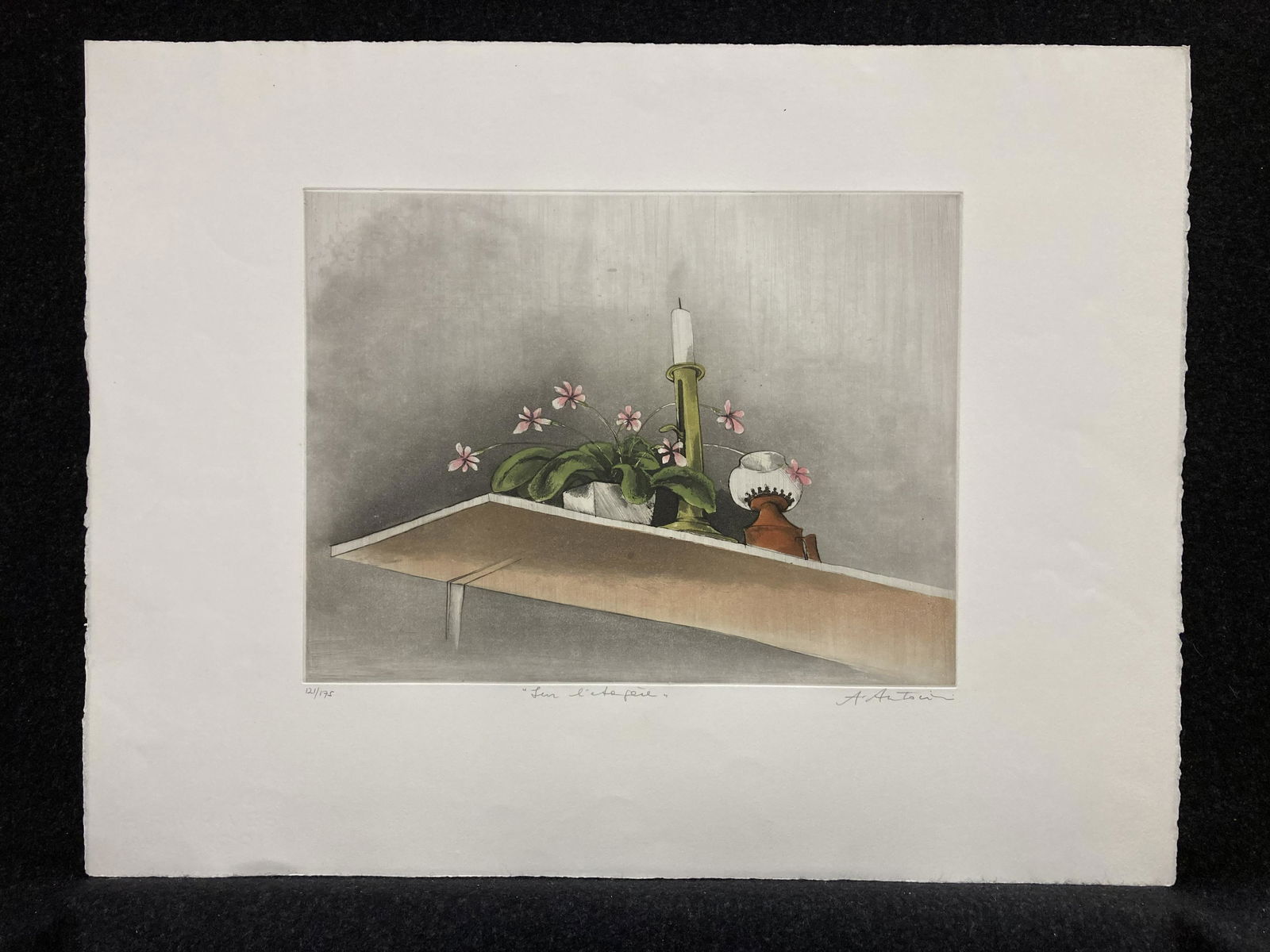 Artist: Annapia Antonini (French, 1942-living): Artist: Annapia Antonini (French, 1942-living) Title: Sur l'Etagere Year: ca.1985 Medium: etching Image Size: 11.8 X 15.6 inches Sheet Size: 19.9 X 26 inches Description: Aqua