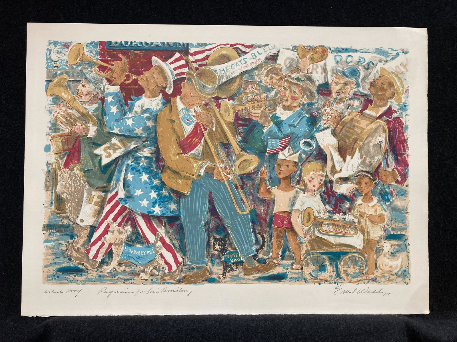 Artist: Emil Weddige (American, 1907-2001) Title:: Artist: Emil Weddige (American, 1907-2001) Title: Requiem for Louis Armstrong Year: 1976 Medium: color lithograph Image Size: 18 X 27 inches Sheet Size: 21.6 X 30 inches Descripti