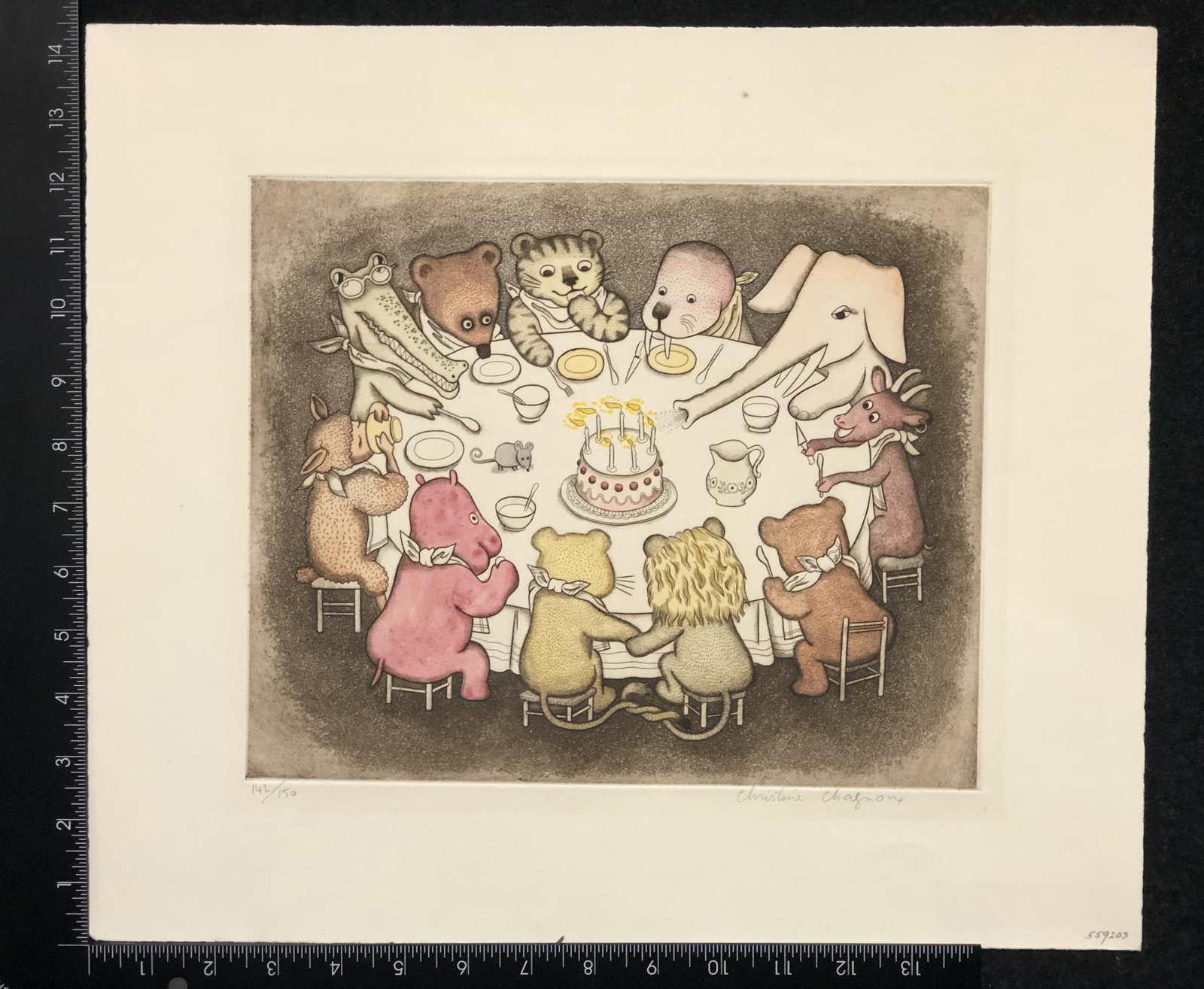 CHRISTINE CHAGNOUX (France, 1937-2020), Cats in a tree., Color aquatint and etching, 11 x 9.5. Framed 19.5 x 18