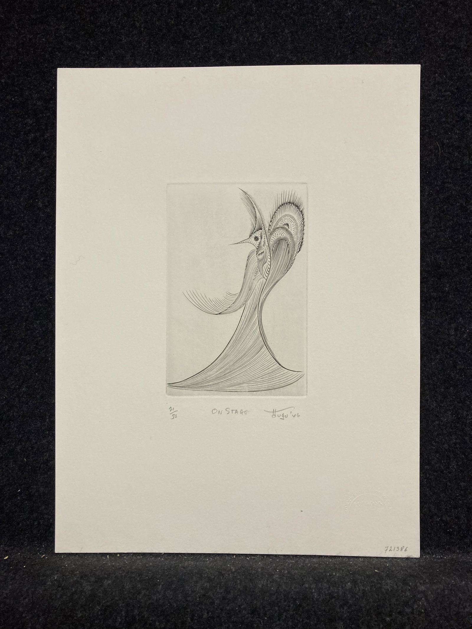 Artist: Ian Hugo (American, 1898-1985) Title: On: Artist: Ian Hugo (American, 1898-1985) Title: On Stage Year: 1946 Medium: engraving Image Size: 5.8 X 3.9 inches Sheet Size: 13.4 X 10 inches Description: Signed and dated in