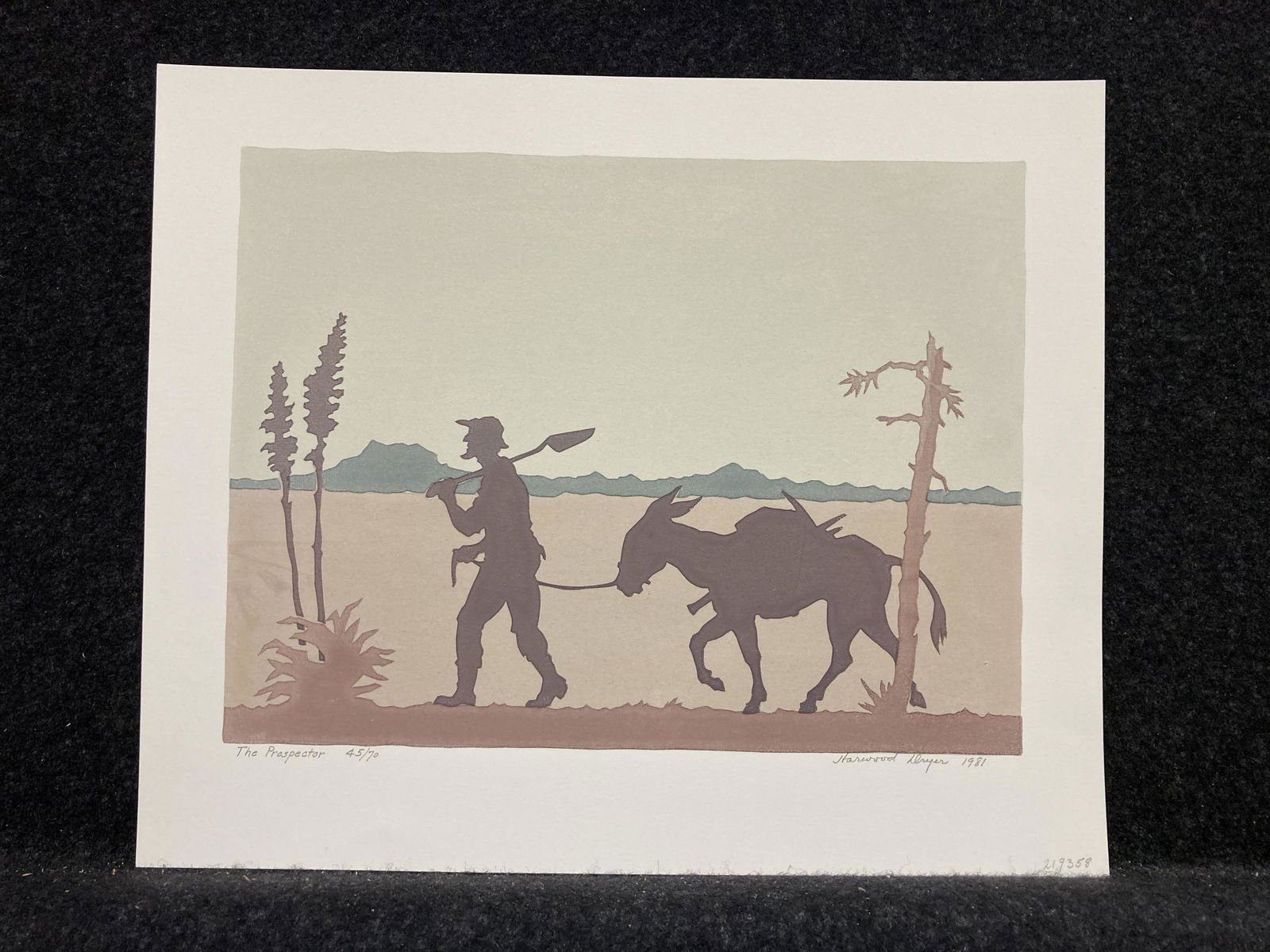 Artist: Harwood Dryer (American, 1895-1992) Title:: Artist: Harwood Dryer (American, 1895-1992) Title: The Prospector Year: 1981 Medium: screen print (serigraph) Image Size: 7.5 X 10 inches Sheet Size: 10 X 12 inches Description: