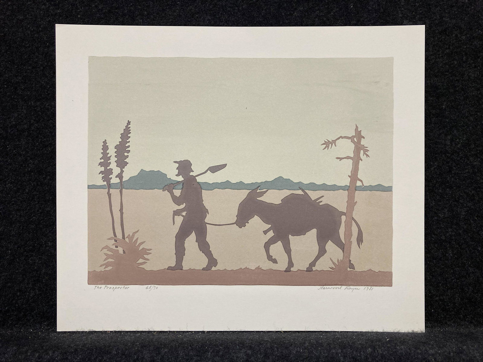 Artist: Harwood Dryer (American, 1895-1992) Title:: Artist: Harwood Dryer (American, 1895-1992) Title: The Prospector Year: 1981 Medium: screen print (serigraph) Image Size: 7.5 X 10 inches Sheet Size: 10 X 12 inches Description: S